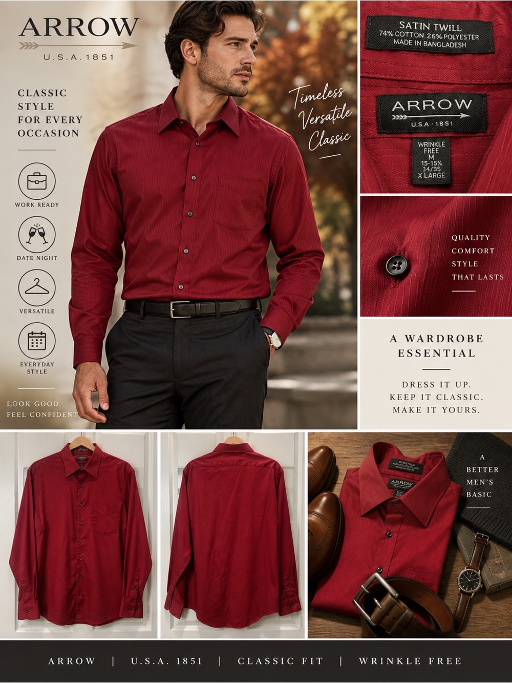 Arrow Men’s XL Red Satin Twill Dress Shirt Wrinkle Free Long Sleeve Holiday